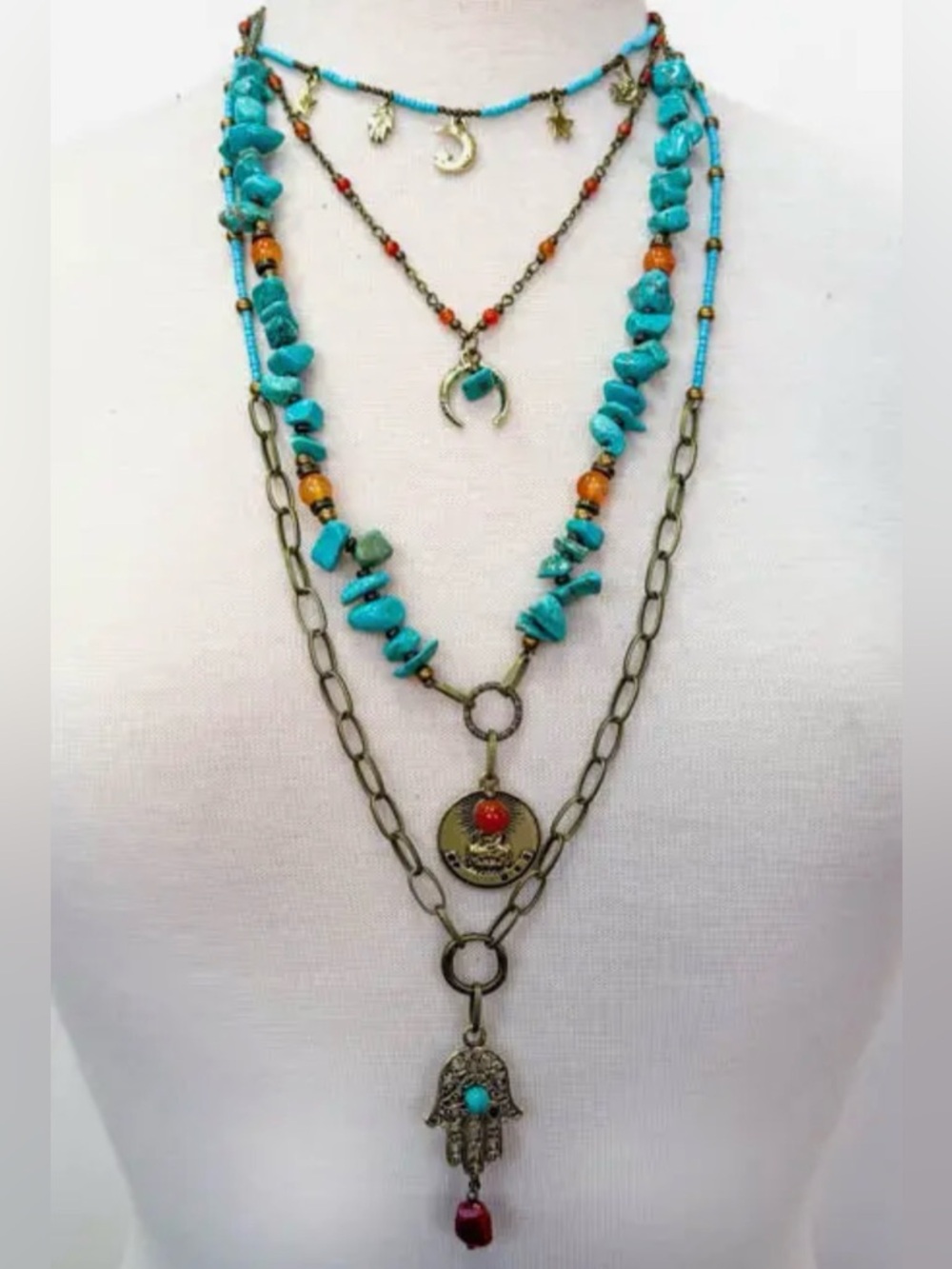 Presley Boho Multi-Layer Boho Hamsa and Buddha Celestial Turquoise Necklace